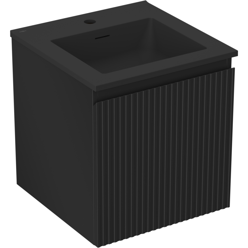 Servantskap med vask 45 cm svart matt Mexen Rivel med vertikale riller, sett fra skrå vinkel.