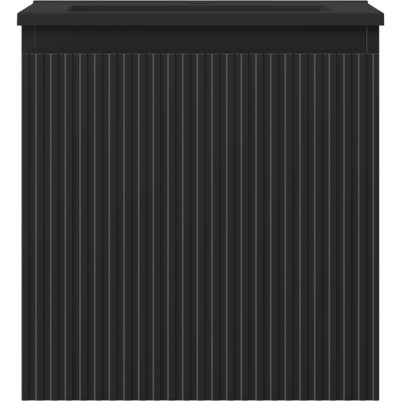 Servant med skap i svart matt med vertikale riller, sett rett forfra, rektangulær form.