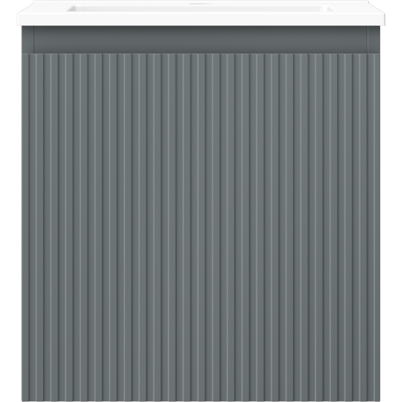 Servant med skap i grafittgrå med vertikale riller og hvit servant, sett rett forfra.