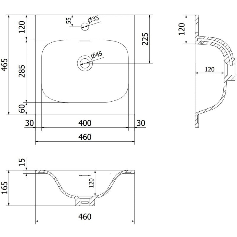 Servant med skap teknisk tegning av Mexen Rivel 45 cm med mål og detaljer for hullplassering.