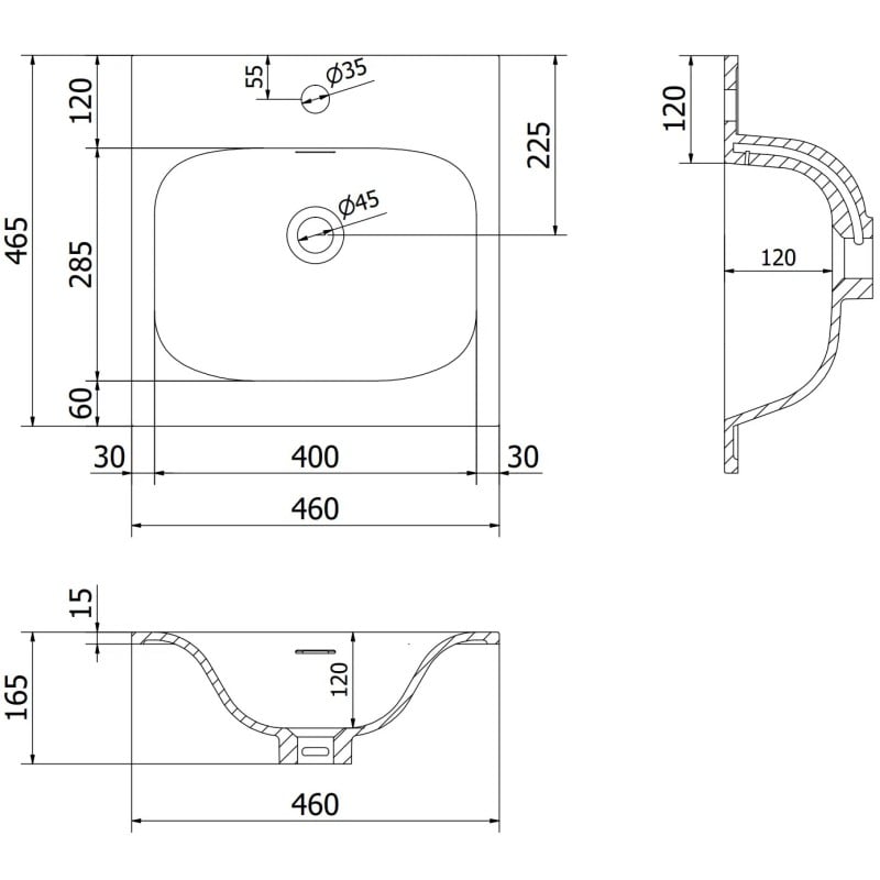 Servant med skap teknisk tegning av rektangulær servant med mål og hullmarkeringer i millimeter.