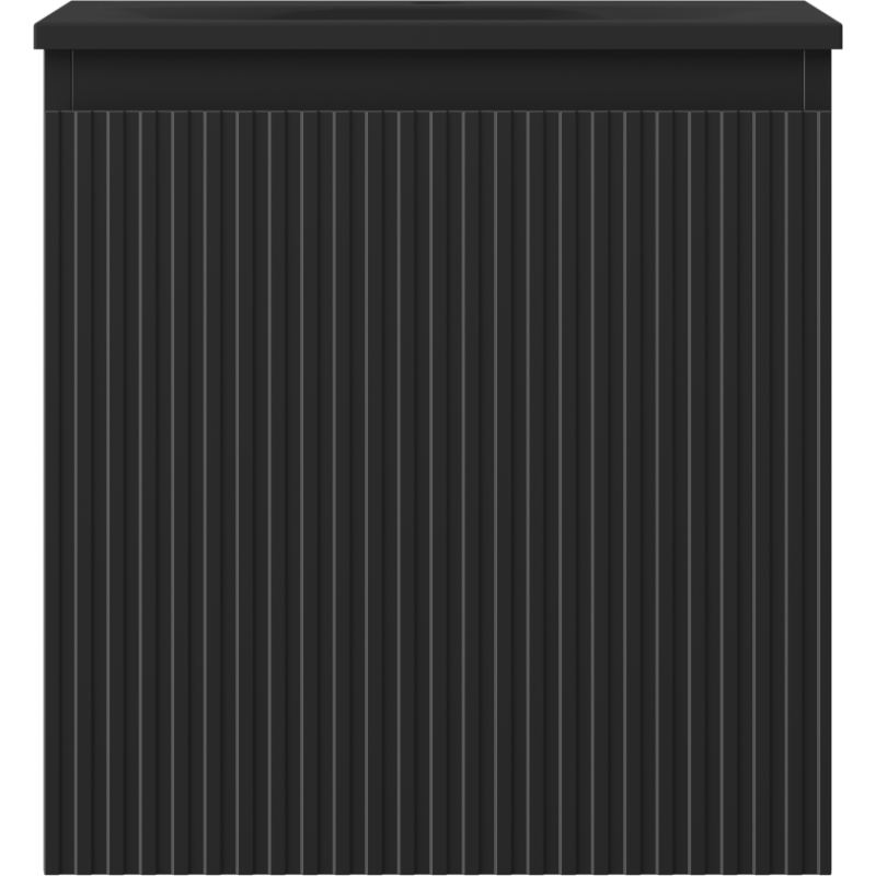 Servant med skap i svart matt med vertikale riller, moderne design, sett rett forfra.