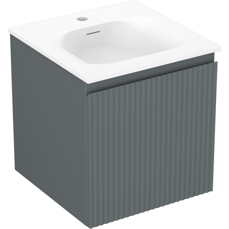 Servantskap med vask 45 cm grafitt matt med hvit servant, vertikale riller og hull til blandebatteri.