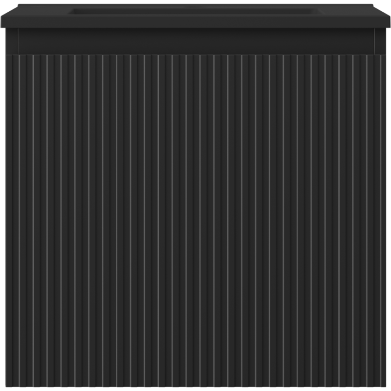 Servant med skap i svart matt finish med rillete frontpanel, sett rett forfra.