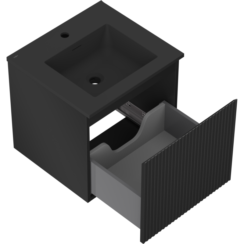 Baderomsskap med vask Mexen Rivel 50 cm i svart matt, sett ovenfra med åpen skuff og rillefront.