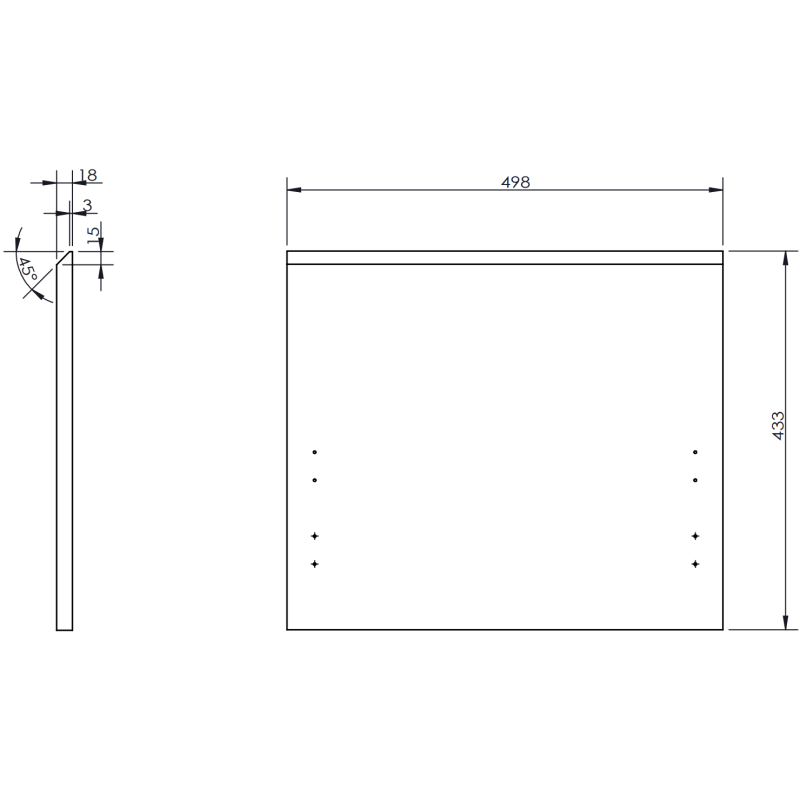 Servantskap med vask teknisk tegning som viser mål og borehull for Mexen Rivel 50 cm.