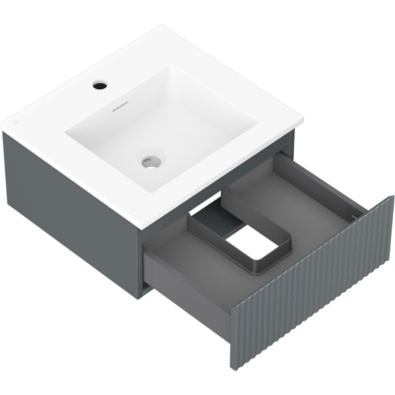 Baderomsskap med vask Mexen Rivel 50 cm i grafitt matt med hvit servant og rillemønstret skuff.