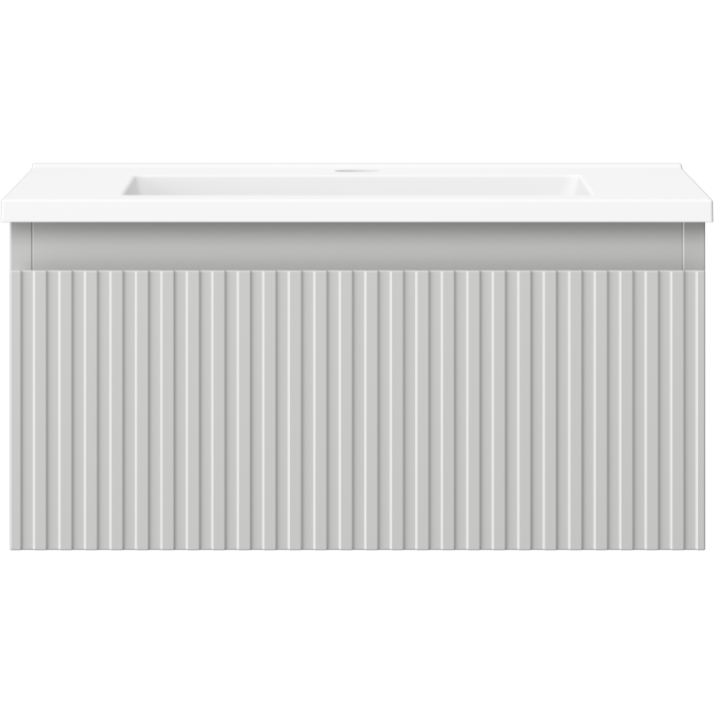 Servant med skap i lys grå matt finish med hvit topp og vertikale riller, sett forfra.