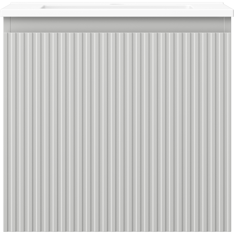Servant med skap i hvit utførelse med vertikale riller og én skuff, sett rett forfra.