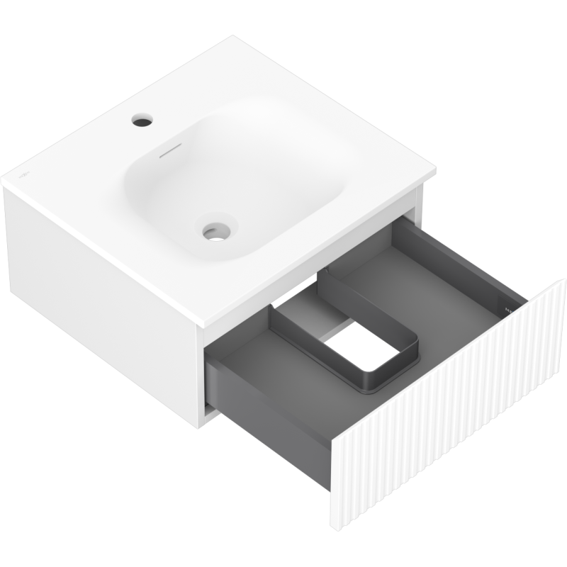 Baderomsskap med vask 50 cm hvit matt, åpen skuff med mørk grå innerboks og utsparing.