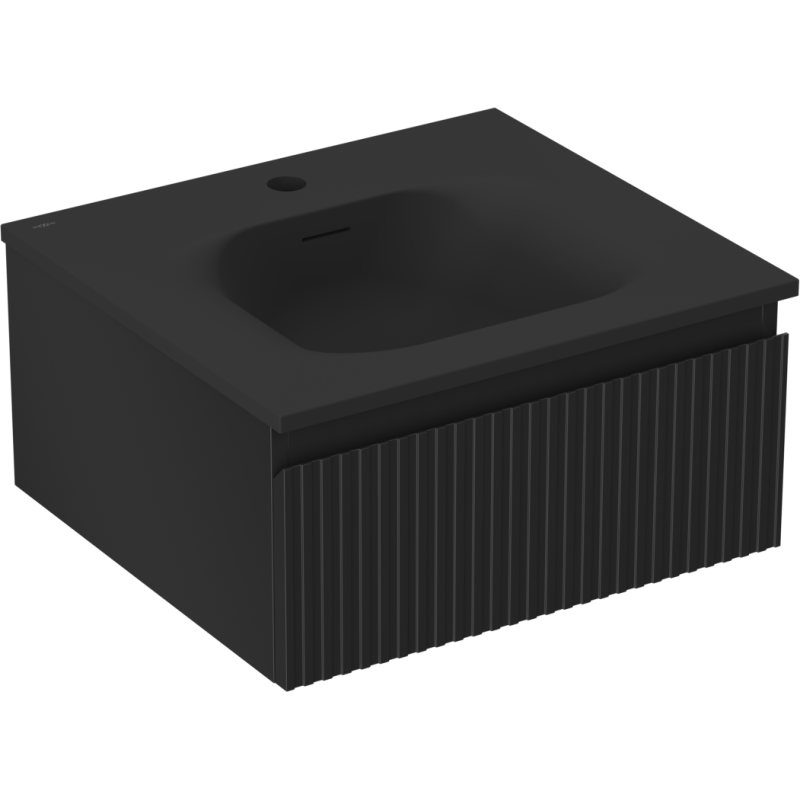 Servantskap med vask 50 cm Mexen Rivel Vela i matt svart med vertikale riller, sett skrått forfra.