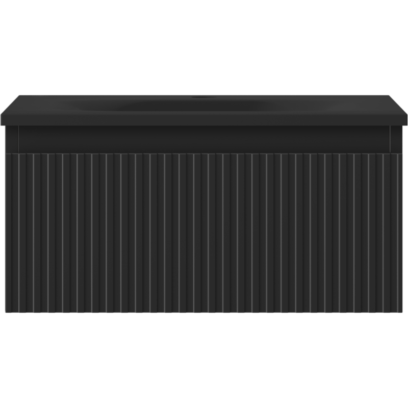 Servant med skap i svart matt tre med vertikale riller, sett forfra, modell Mexen Rivel Vela 50 cm.