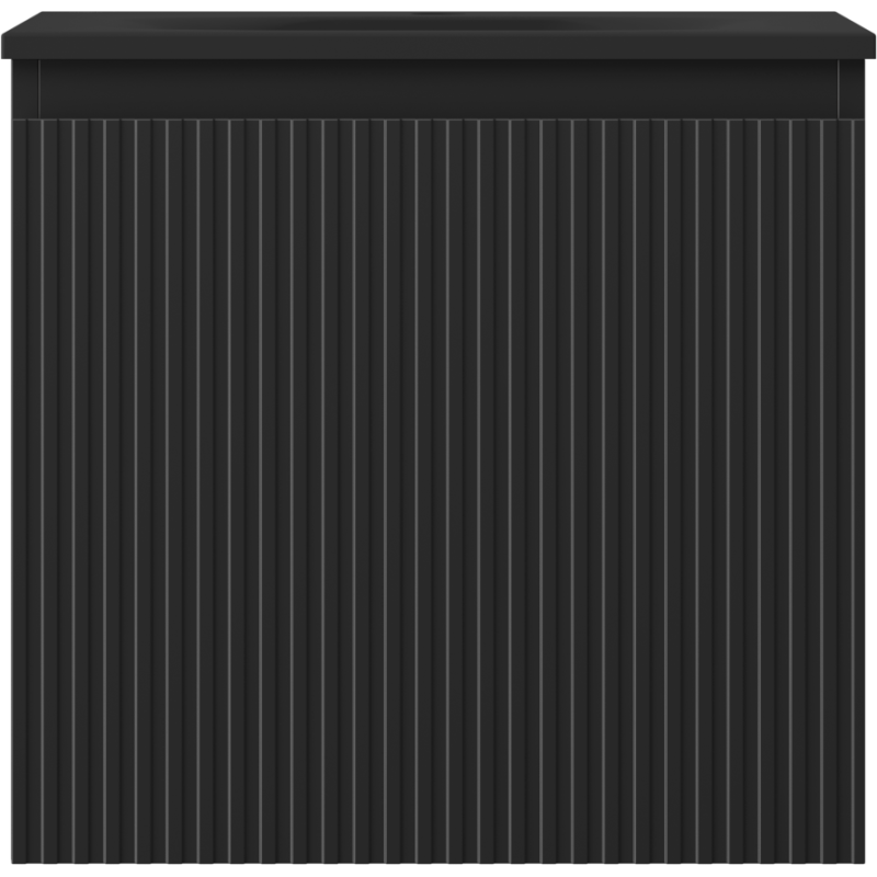 Servant med skap i svart matt ribbet overflate med vertikale linjer sett rett forfra.