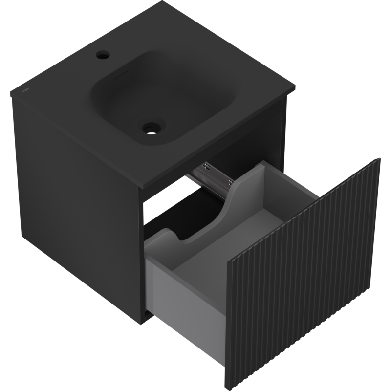 Baderomsskap med vask 50 cm Mexen Rivel svart matt, skuff trukket ut med inndeling, sett skrått ovenfra.