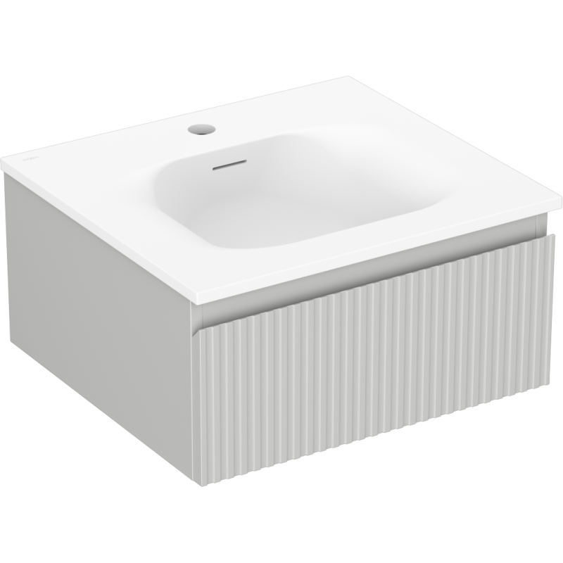 Servantskap med vask 50 cm grå/blå matt Mexen Rivel med bølgete frontpanel, sett fra siden og ovenfra.