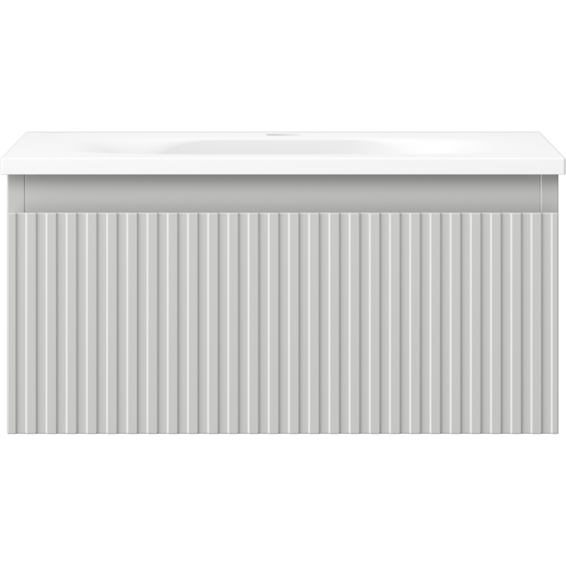 Servant med skap i lys grå matt finish med vertikale riller, sett rett forfra.