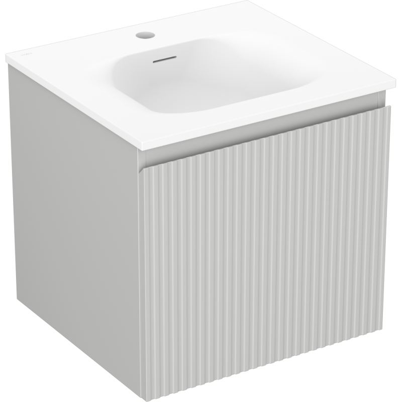 Servantskap med vask 50 cm grå matt Mexen Rivel Vela med rillet frontpanel, sett fra skrå vinkel.