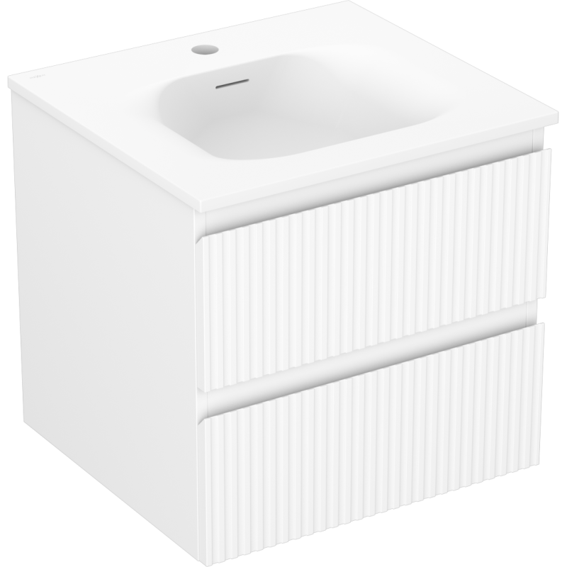 Servantskap med vask 50 cm hvit Mexen Rivel Vela med to rillede skuffer, sett fra skrå vinkel.