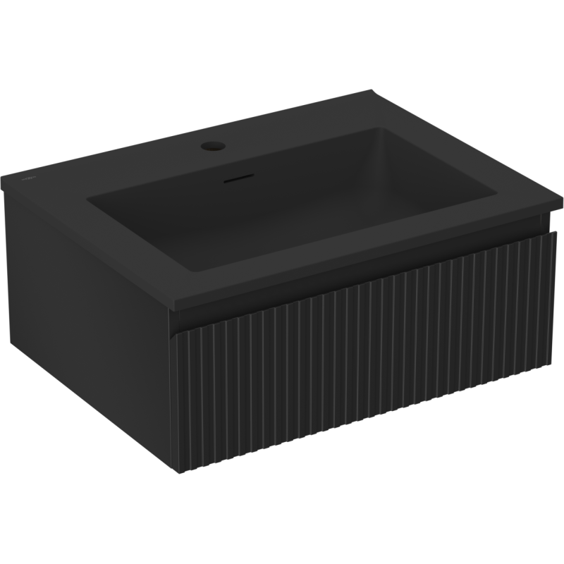 Servantskap med vask 60 cm svart matt Mexen Rivel med vertikale riller sett fra skrå vinkel.