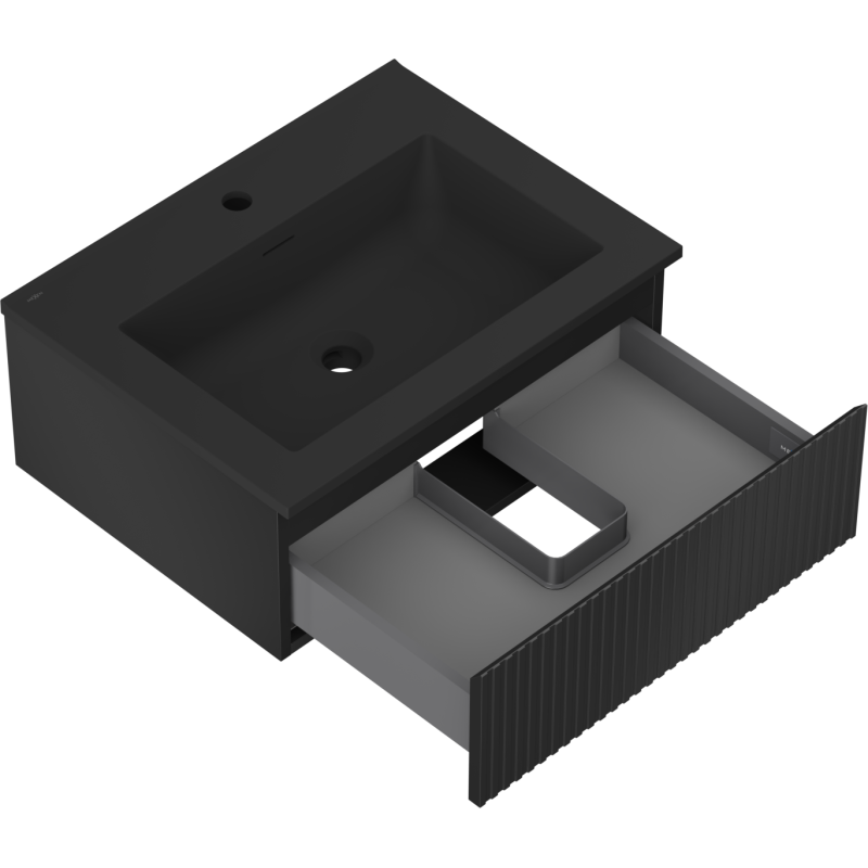 Baderomsskap med vask 60 cm Mexen Rivel i svart matt, vist skrått ovenfra med åpen skuff.