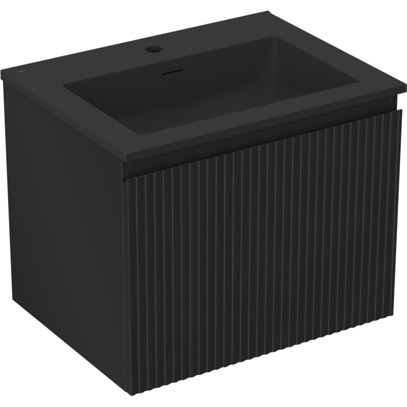 Servantskap med vask 60 cm Mexen Rivel i matt svart med vertikale riller, sett fra skrå vinkel.