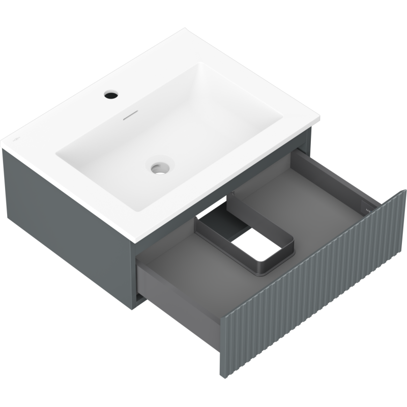 Baderomsskap med vask 60 cm grafitt matt med hvit topp, ribbet front og åpen skuff med rominndeling.