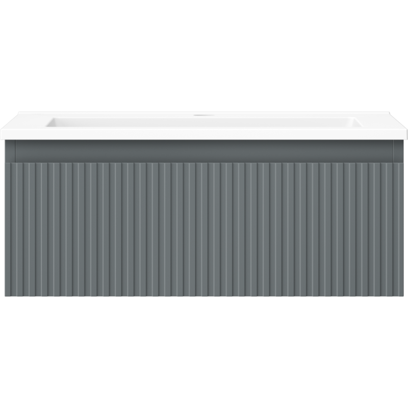 Servant med skap i grafitt matt med vertikale riller og hvit servant sett rett forfra.