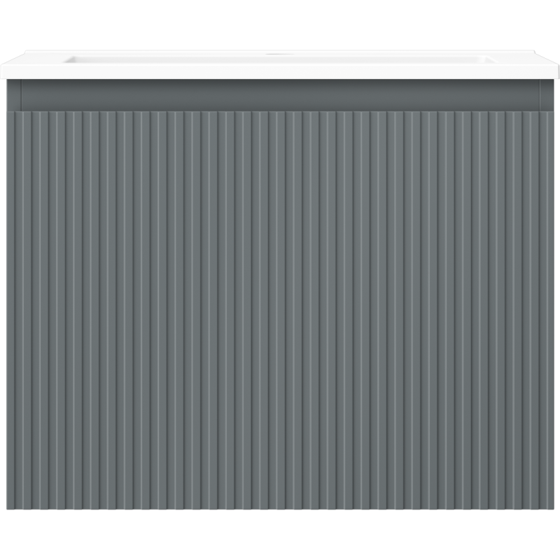 Servant med skap i grafitt med vertikale riller og hvit topp, frontalt vist mot hvit bakgrunn.