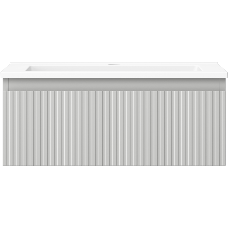 Servant med skap i lys grå matt med vertikale riller på frontpanelet, sett rett forfra.