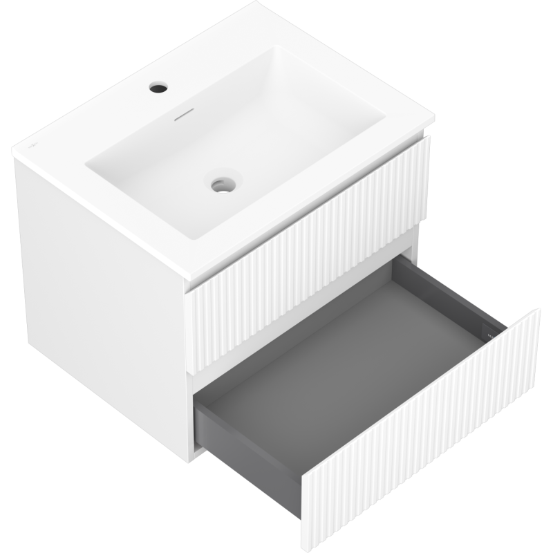 Baderomsskap med servant 60 cm Mexen Rivel i hvit matt, én skuff med riller trukket ut, sett skrått ovenfra.