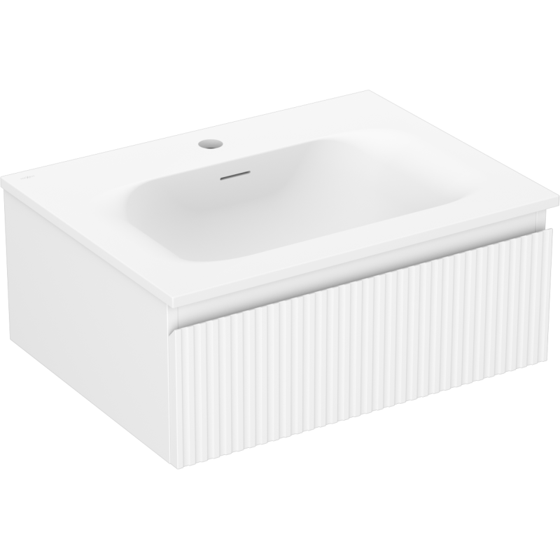 Servantskap med vask 60 cm hvit matt med vertikale riller, sett fra skrå vinkel.