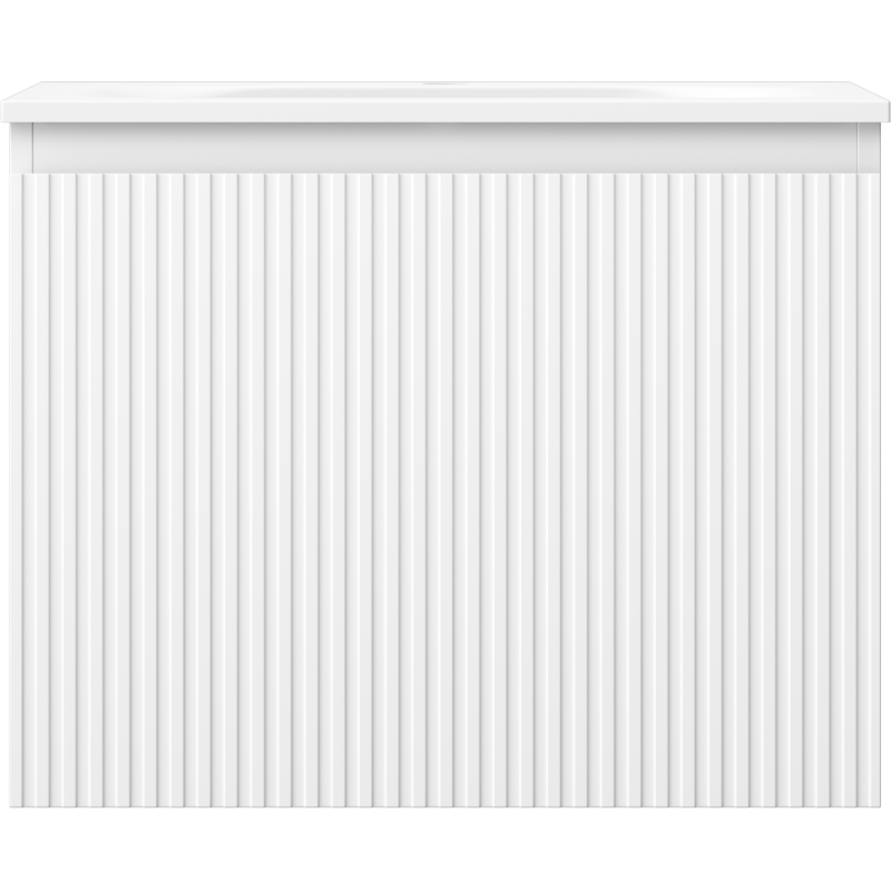 Servant med skap i hvit matt utførelse med vertikale riller sett rett forfra.