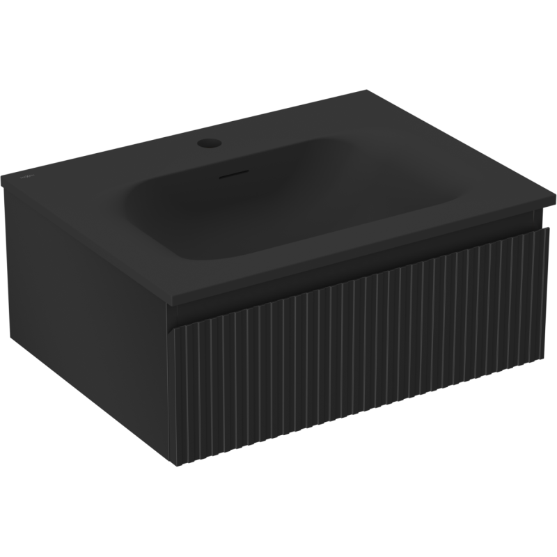 Servantskap med vask 60 cm i svart matt finish med integrert skuff og vertikale riller, sett skrått forfra.