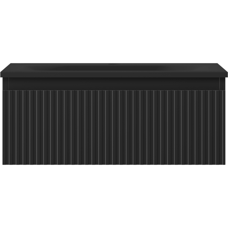 Servant med skap i svart matt finish med vertikale riller, sett rett forfra.