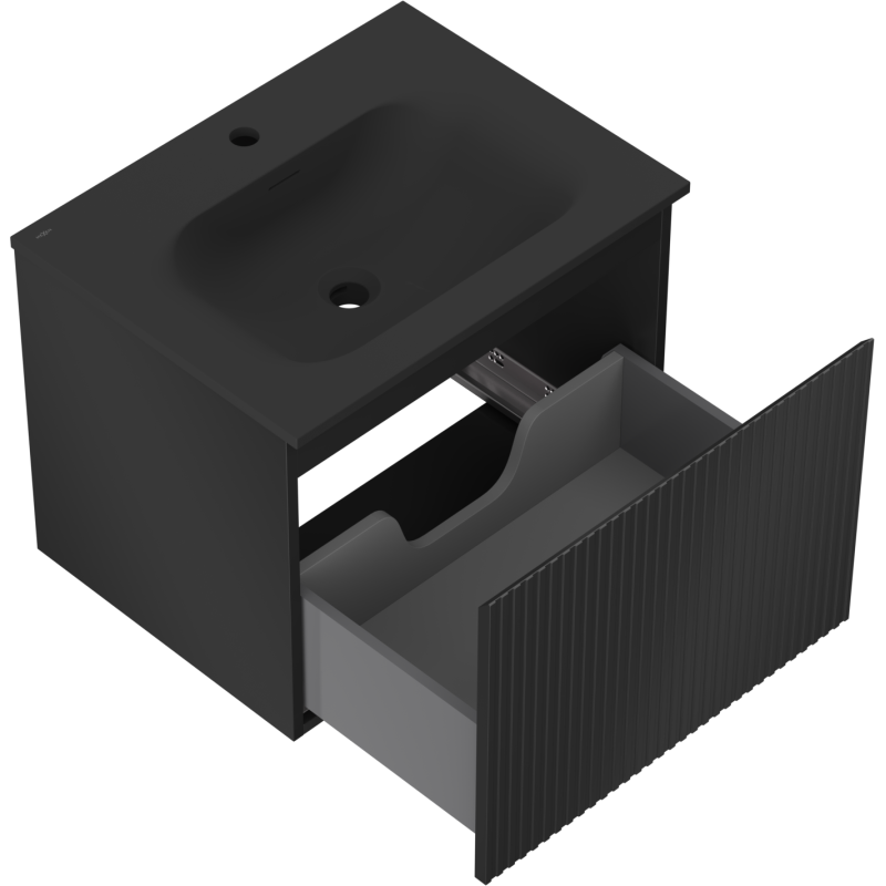 Baderomsskap med vask 60 cm Mexen Rivel i svart matt med rillet skuff, sett skrått ovenfra.