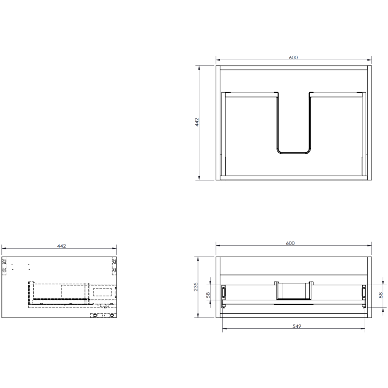 Baderomsskap med servant teknisk tegning av Mexen Rivel Vela 60 cm med mål fra tre vinkler.