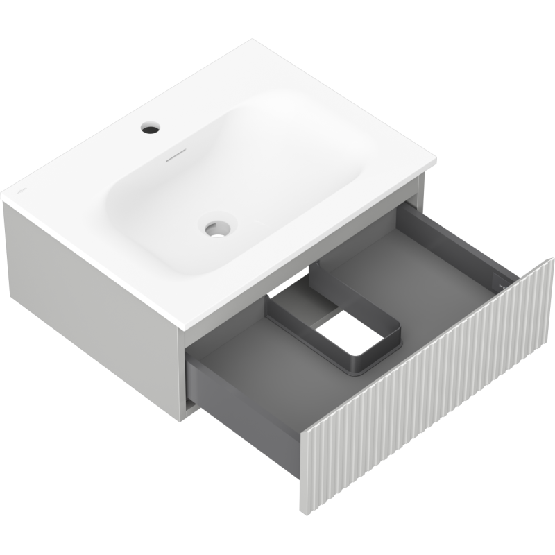 Baderomsskap med vask Mexen Rivel Vela 60 cm, grå rillet skuff og hvit servant sett ovenfra.