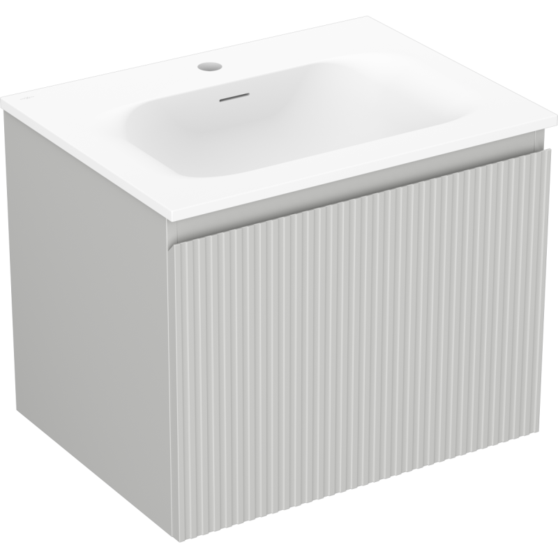 Servantskap med vask 60 cm Mexen Rivel i grå og matt hvit med vertikale riller, skrå frontvisning.