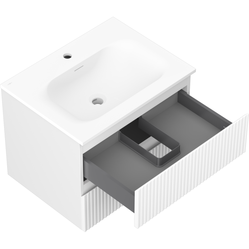 Baderomsskap med vask Mexen Rivel 60 cm hvit matt, åpen skuff med grå innredning og rillede fronter.