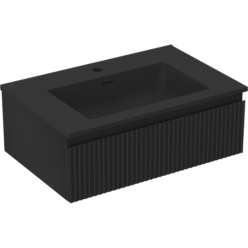 Servantskap med vask 70 cm i svart matt med rektangulær kum og ribbet frontpanel, sett fra skrå vinkel.