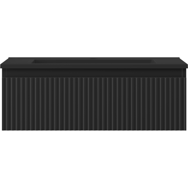 Servant med skap i svart matt finish med vertikale riller, sett rett forfra uten synlige håndtak.