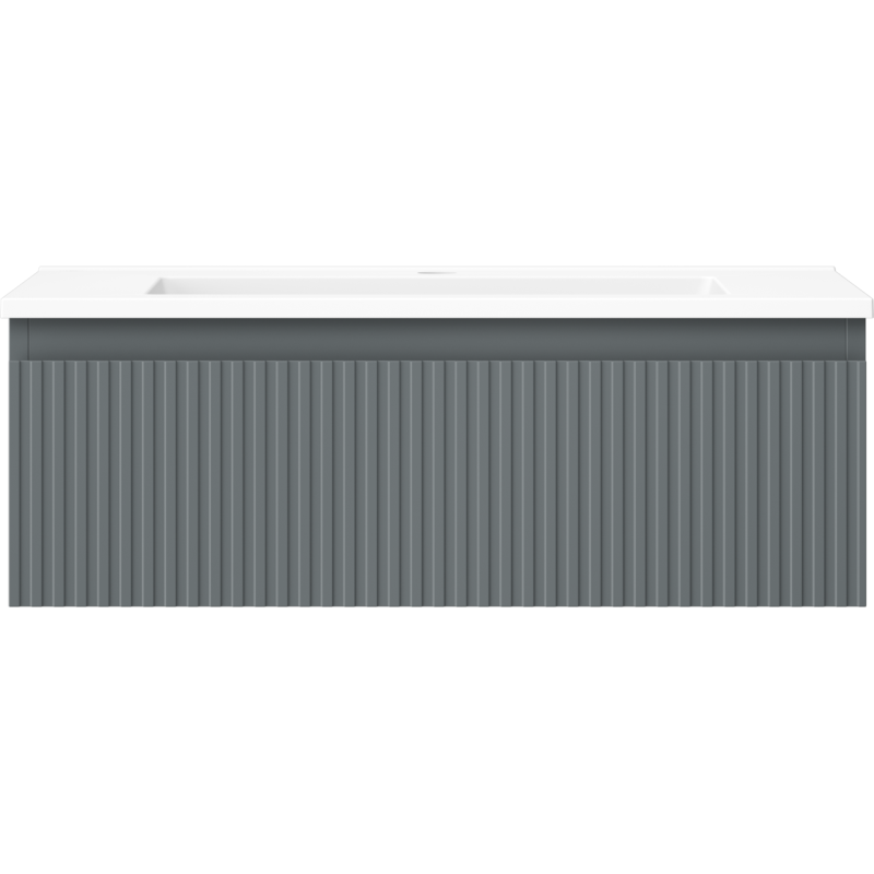 Servant med skap i grafitt med vertikale riller og hvit servant, sett rett forfra.