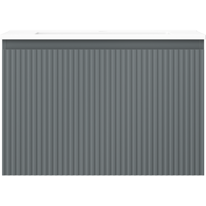 Servant med skap i grafitt med vertikale rifler og hvit topplate, sett rett forfra.