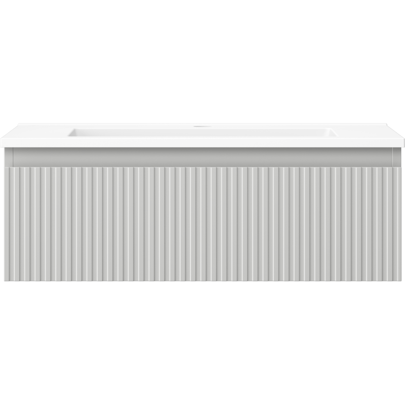 Servant med skap i hvit matt med rillete lysegrå fronter og heldekkende vask, sett forfra.