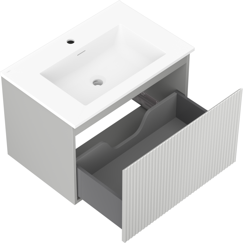 Baderomsskap med vask 70 cm i hvitt med grå, åpen uttrekksskuff og vertikale riller.