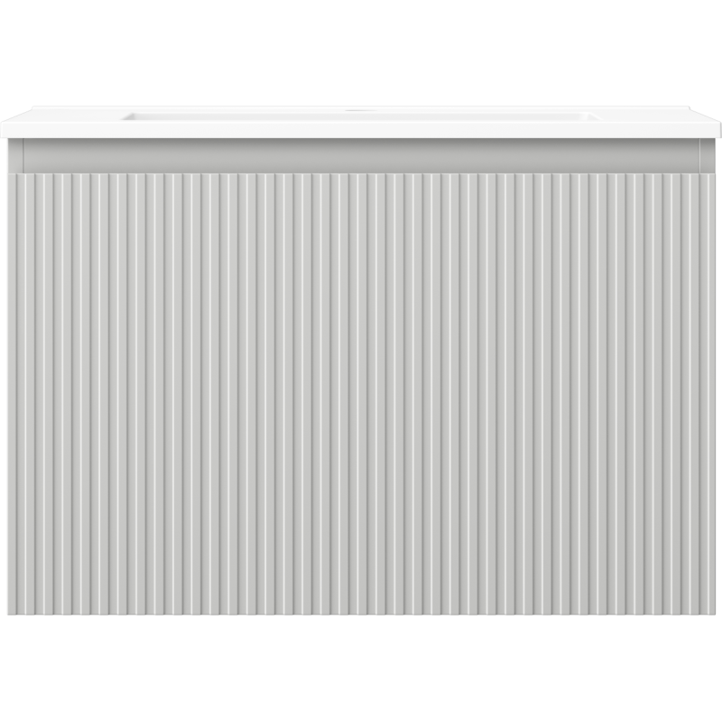 Servant med skap i lys grå rillet front og hvit topp, sett rett forfra.