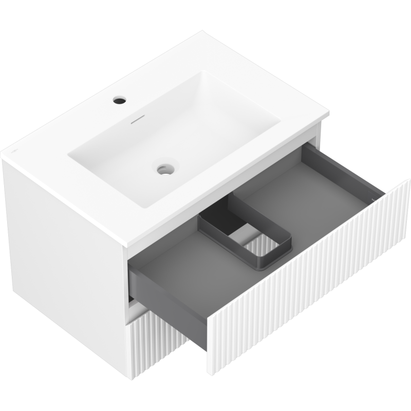 Baderomsskap med vask 70 cm hvit matt, åpen skuff med grå innredning og utsparing for avløp.
