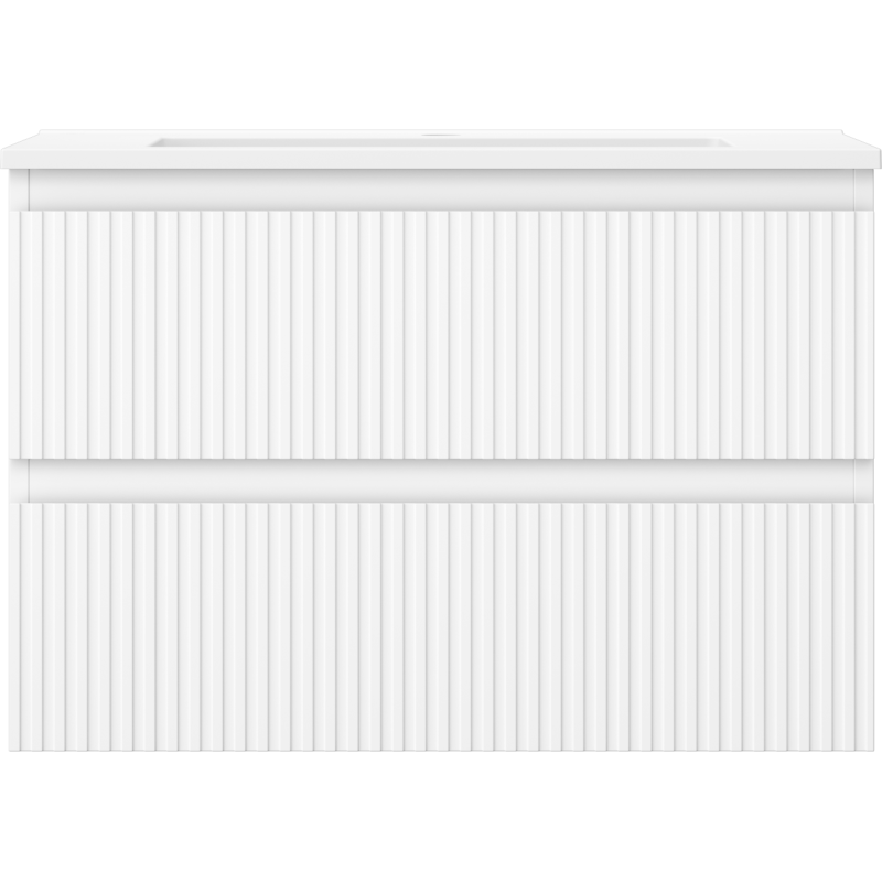 Servant med skap i hvit matt finish med vertikale riller og to skuffer, sett rett forfra.