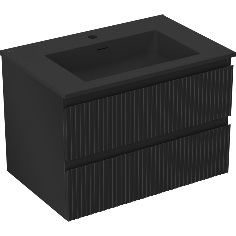 Servantskap med vask 70 cm i svart matt med to riflete skuffer og integrert servant.