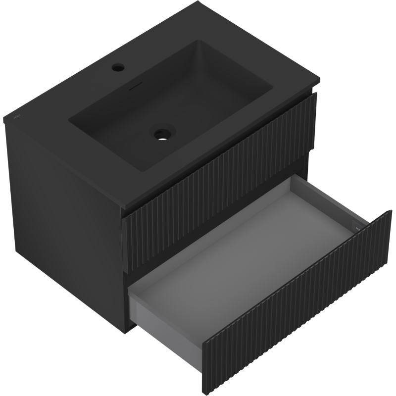 Baderomsskap med servant Mexen Rivel 70 cm i svart matt med åpen skuff og riflede fronter, sett skrått ovenfra.